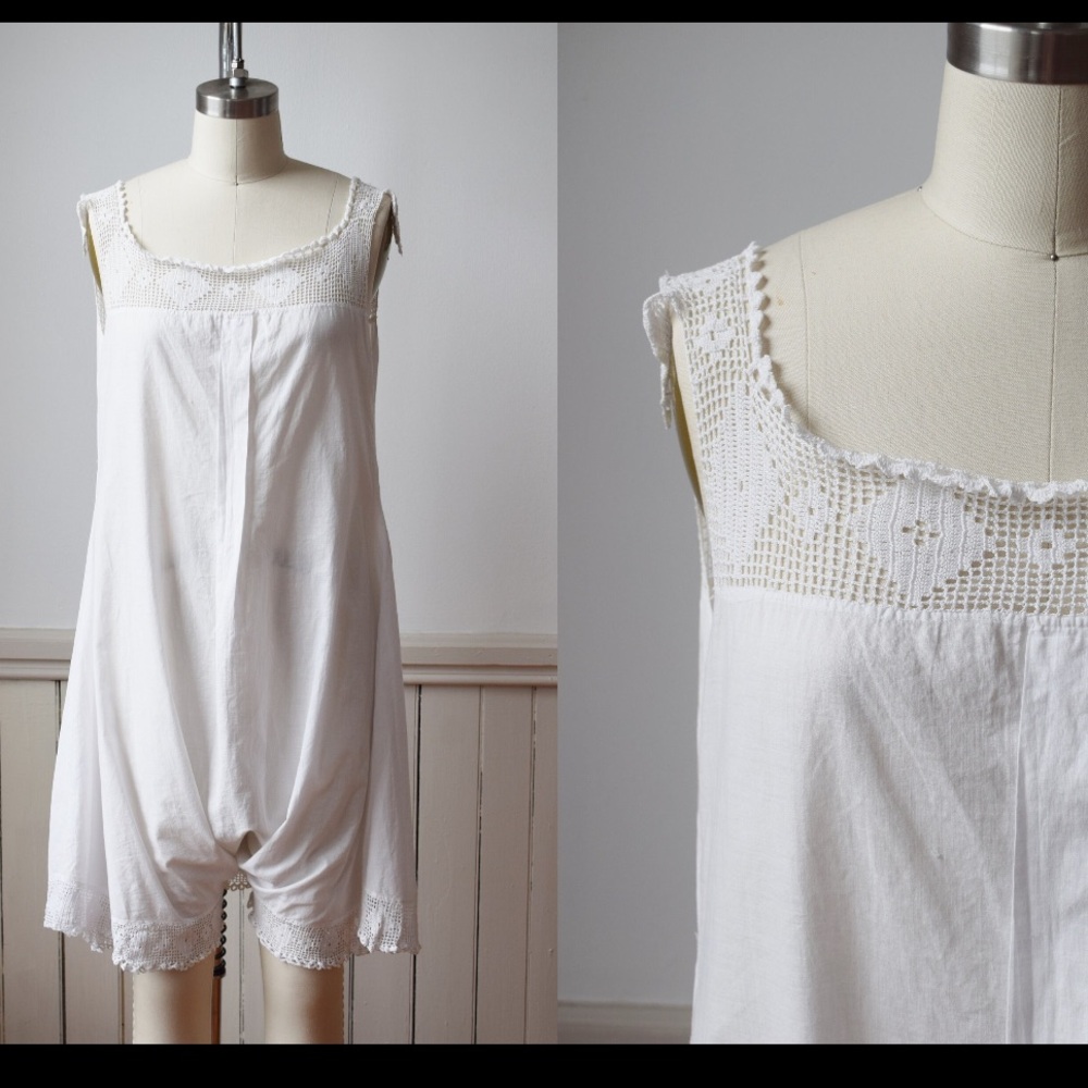 Antique Vintage  Cotton Crochet Chemise, Edwardian 1900s Romper dress conversion
